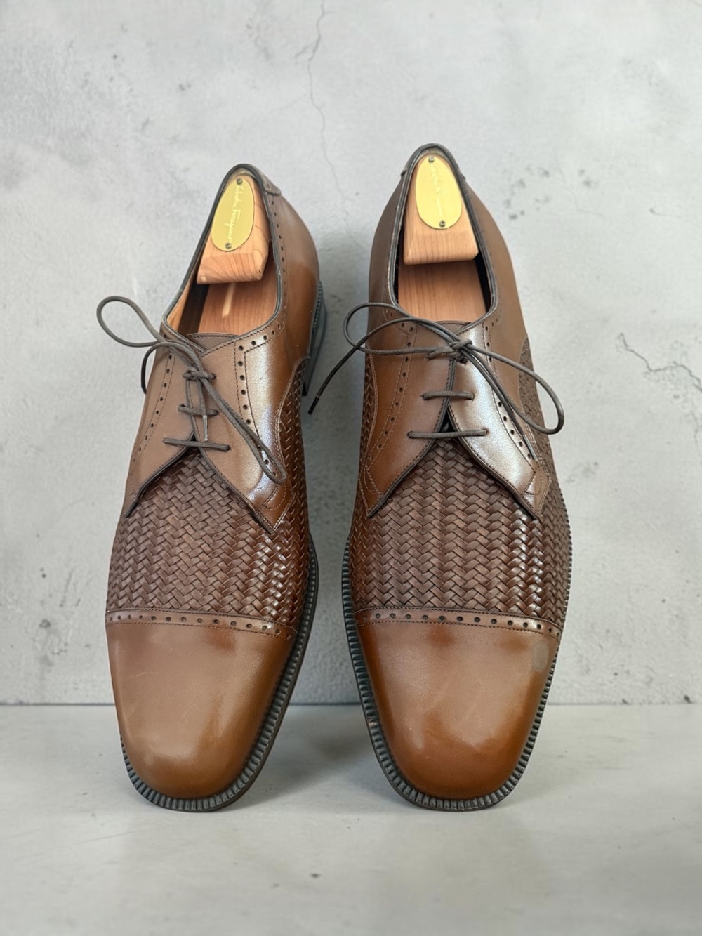 SALVATORE FERRAGAMO Cognac Woven Leather Oxford Size 13 D